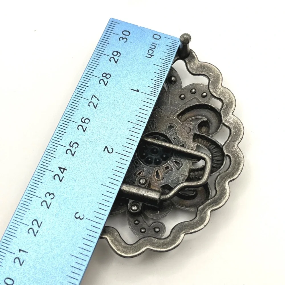 Vintage Silver Tone Floral Filigree Belt Buckle Pink‎ Blue Rhinestone 3.25in